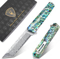 AUBEY Damascus Pocket Knife with Clip Sharp Tanto Blade with VG10 Core Folding Knife with Abalone Shell Handle and Glass Breaker EDC Camping Knife for Gift Survival Collection