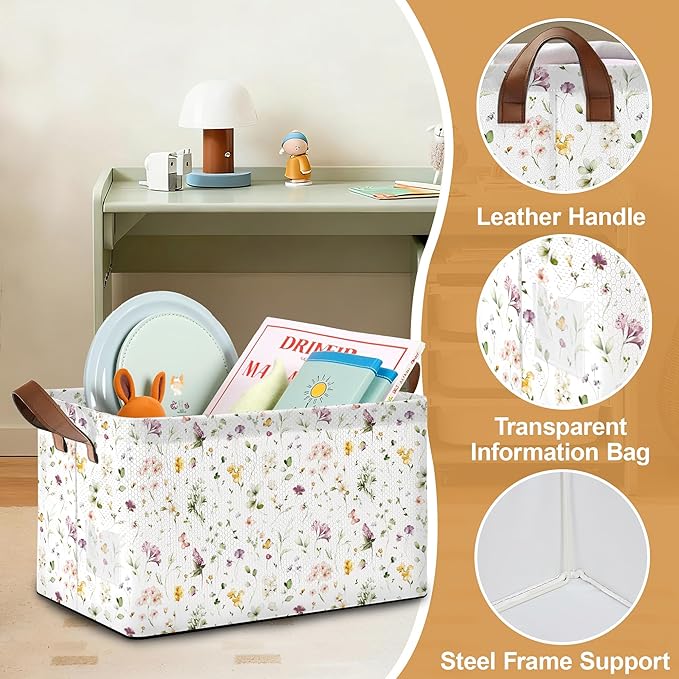 32L Large Storage Bins with Handles Basket Organizer for Shelves Closet Books Laundry &amp Home Decor (Meadow Flower)
