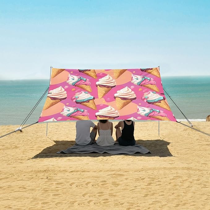 ALAZA Ice Cream Pink Background Pattern Beach Tent Sun Shelter Portable Canopy Sunshade for Outdoor Camping Picnics Backyard Fun 10x9 ft