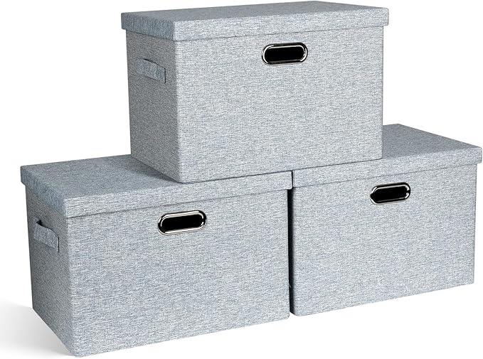 Graciadeco Large 17 36 Quart Collapsible Stackable Storage Bins with Lids 3 Packs Blue-Grey Linen Fabric Closet Boxes with Lids Storage Cube Baskets Container Organizers for Bedroom (17x12x11)