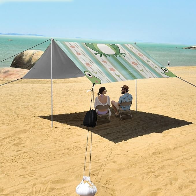 Frog with Floral Stripes Beach Tent Sun Shelter Set UPF50+ UV Protection 10.5 x 9.19 FT Camping Shade Canopy with Sandbags Sand Anchors Carrying Bag and Others