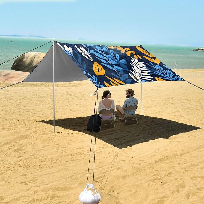 Beach Canopy with Windproof Ropes &amp Sandbags Beach Tent Sun Shade Sun Shelter for Camping Trips Fishing Backyard Fun or Picnics Leaves