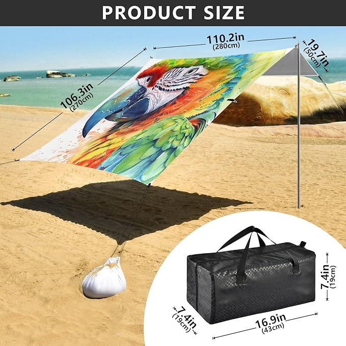 ALAZA Parrot Portrait Watercolor Beach Tent Sun Shelter UPF50+ Protection Beach Shade Canopy w/ 4 Sandbags for Outdoor Camping Fishing Backyard Fun Picnic 10x9 ft