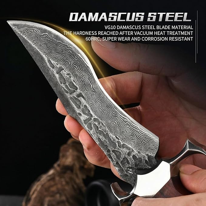 10.2 Fixed Blade Outdoor Hunting Knife Damascus Pattern 9Cr18 Stainless Steel Forged Blade with Hammered Finish Ergonomic Wood Handle &amp Embossed Leather Sheath Ideal for Camping Survival &amp