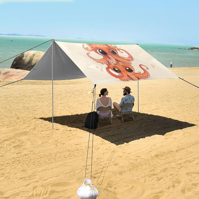 ALAZA Cute Octopuses Beach Tent Sun Shelter UPF50+ Protection Beach Shade Canopy w/ 4 Sandbags for Outdoor Camping Fishing Backyard Fun Picnic 10x9 ft