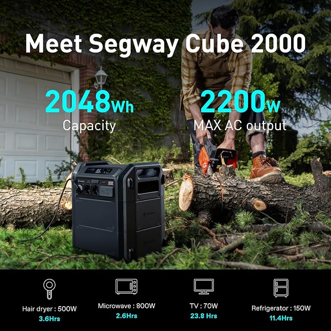 Segway Portable Power Station Cube 2000 2200W AC Outlets 2048Wh LiFePO4 Battery Expandable Battery Capacity up to 5kWh Solar Generator for Camping Home Backup Power Outages Off-grid