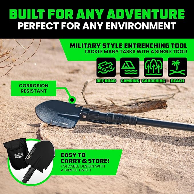 Rhino USA Survival Shovel w/Pick - Heavy Duty Carbon Steel Military Style Entrenching Tool for Off Road Camping Gardening Beach Digging Dirt Sand Mud &amp Snow. (Survival Shovel)