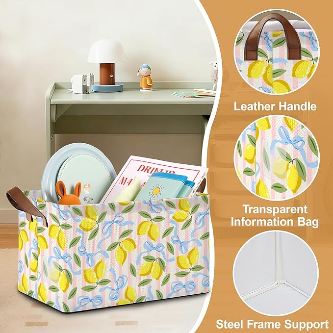 32L Large Storage Bins with Handles Watercolor Fruit Basket Organizer for Shelves Closet Books Laundry &amp Home Decor (Lemons)