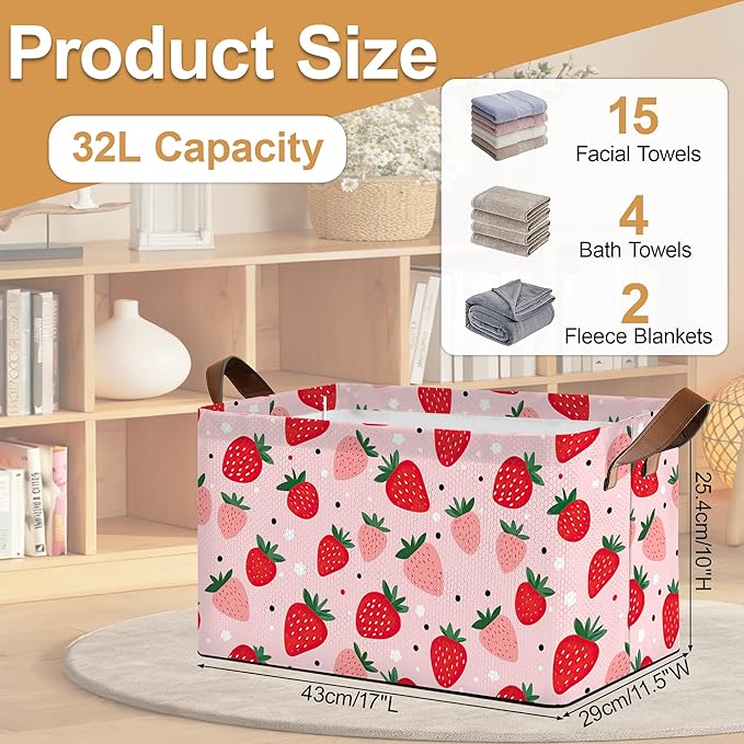Storage Bin with Handles Cute Strawberry Collapsible Laundry Baskets for Books Laundry - Use in Nursery Closet Organizers and Storage Blanket Basket