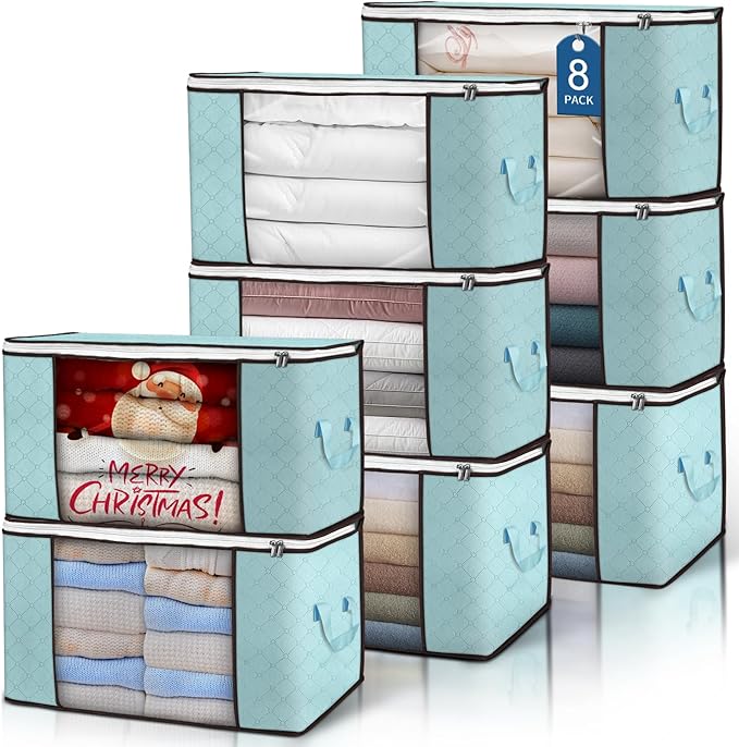 Budding Joy 90L Large Storage Bags 8 Pack Clothes Storage Bins Foldable Closet Organizer Storage Containers with Durable Handles Storage and Organization Blanket Pillows and Toys (Blue)