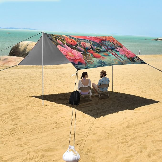 ALAZA Bright Flamingos and Flowers Beach Tent Sun Shelter Portable Canopy Sunshade for Outdoor Camping Picnics Backyard Fun 10x9 ft