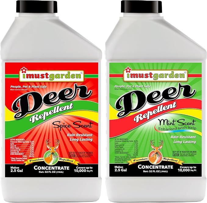 I Must Garden Deer Repellent Concentrate [2 Pack: Mint Scent + Spice Scent] - Natural Deer Spray for Gardens &amp Plants – Two 32oz Bottles