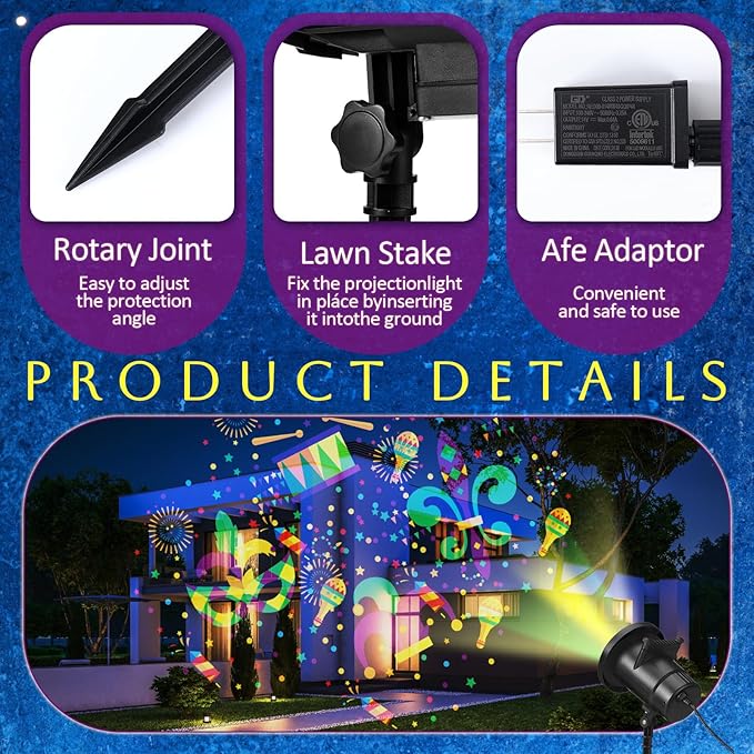 Mardi Gras Holiday Projector Light with 1 Film Slides LED Projector Lights Outdoor Reflectors Waterproof Landscape Decorative Lighting Projection Lamp for Party