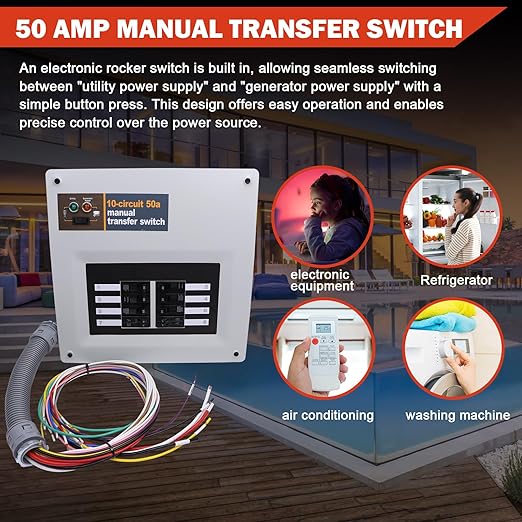 50 Amp 240V Manual Transfer Switch Kit Indoor Pre-Wired 10-Circuit Selector Compatible with Generac 9854for Portable Generators Such as XG10000E XP10000E GP15000E and GP17500E