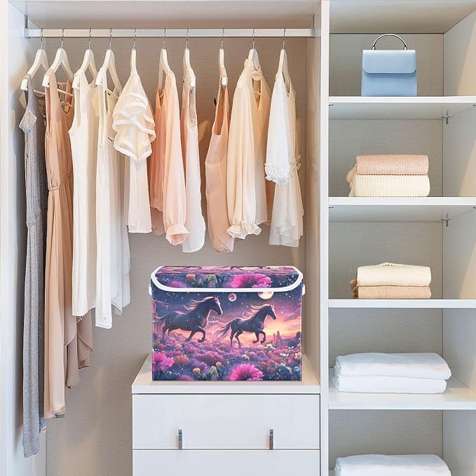 Storage Cube with Lid Surreal Horses Print 16.5×12.6×11.8 IN Collapsible Large Capacity Foldable Storage Basket Bin Organizer