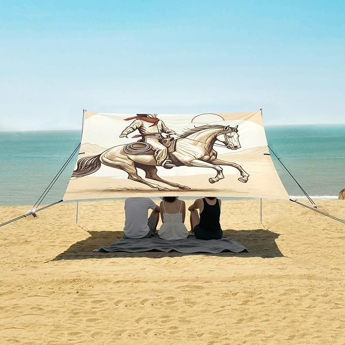 Beach Canopy with Windproof Ropes &amp Sandbags Beach Tent Sun Shade Sun Shelter for Camping Trips Fishing Backyard Fun or Picnics Cowboy