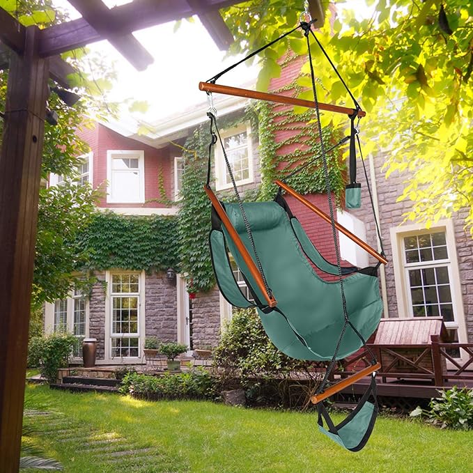 Hammock Hanging Sky Chair Large Swinging Seat Chair Indoor and Outdoor Air Swing Seat with Oxford Cloth&amp HardwoodCup Holder for Patio Bedroom or Tree (Green)
