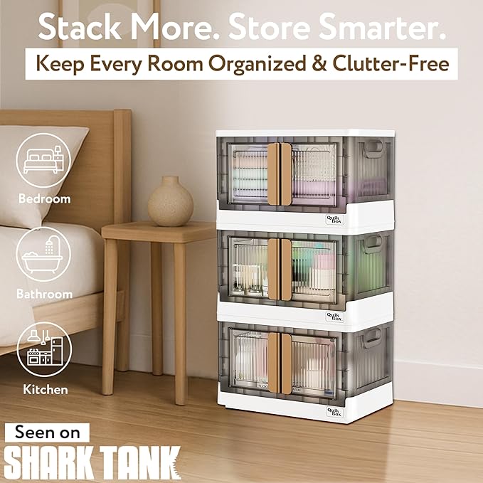 Quik Box - 8.5 Gallon Stackable Storage Bins with Doors &amp Wheels - Collapsible Organizer for Dorms Bedroom &amp Home - Durable Polystyrene - White