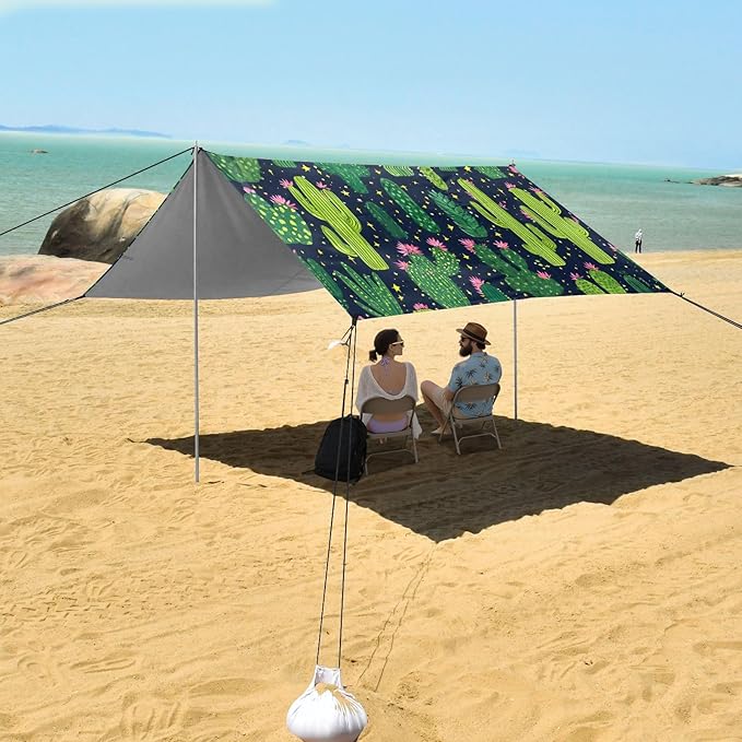 ALAZA Cactus Cacti Flower Beach Tent Sun Shelter UPF50+ Protection Beach Shade Canopy w/ 4 Sandbags for Outdoor Camping Fishing Backyard Fun Picnic 10x9 ft