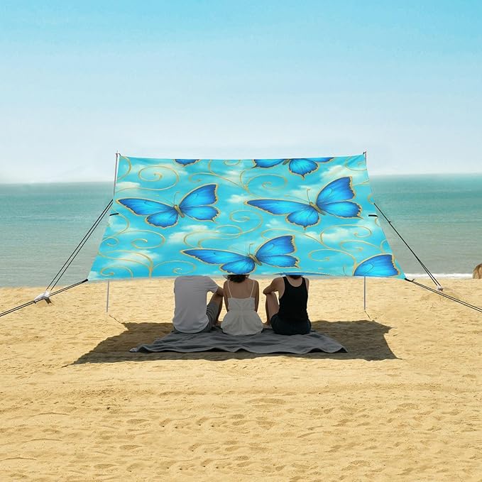 Beach Canopy with Windproof Ropes &amp Sandbags Beach Tent Sun Shade Sun Shelter for Camping Trips Fishing Backyard Fun or Picnics Butterfly