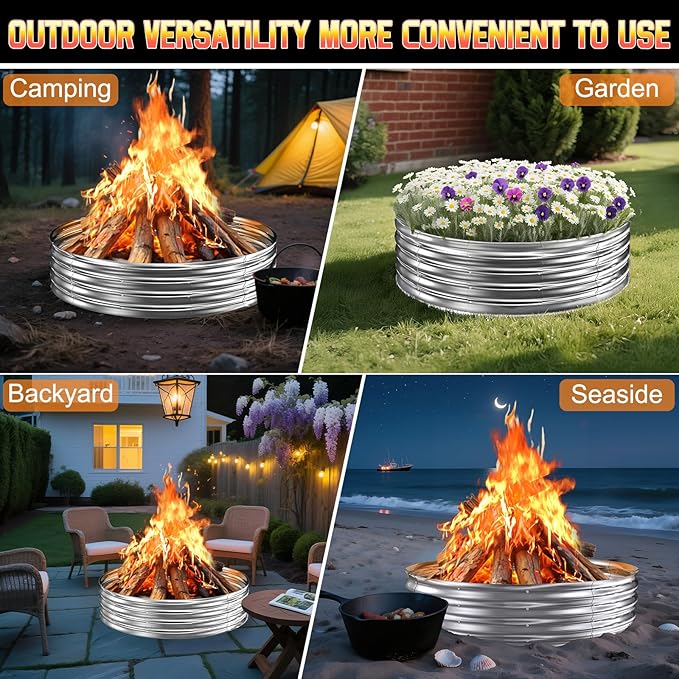 60 Inch Fire Pit Ring 5FT Galvanized Steel 12 Raised Heavy Duty Wood Burning Fire Pits&ampOutdoor Fireplace Heat Resistant Campfire Ring with Spark Guard for Outdoor Backyard Patio &amp Camping