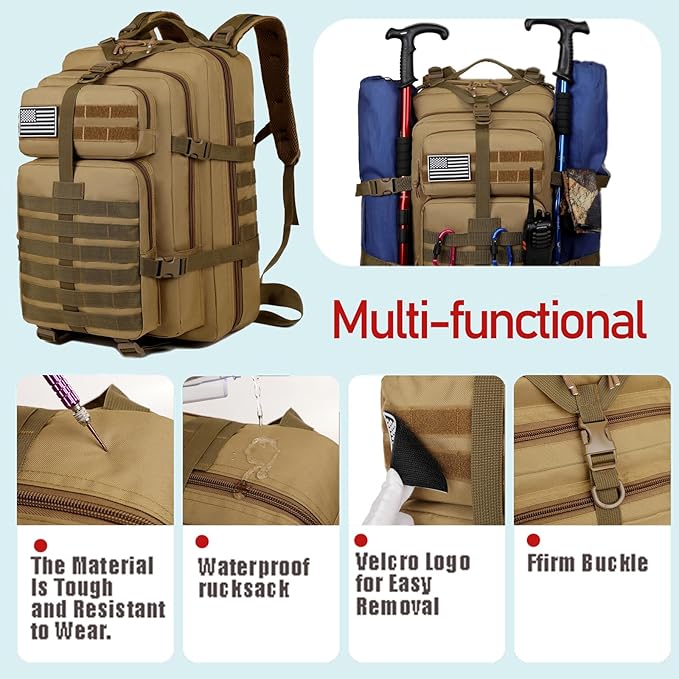 45L Military Tactical Backpack for Men Large 3-Day Assault Pack MOLLE Rucksack Waterproof Survival Bug Out Bag for Hiking Camping Hunting Gym &amp Work Includes US Flag Patch - Stealth Black