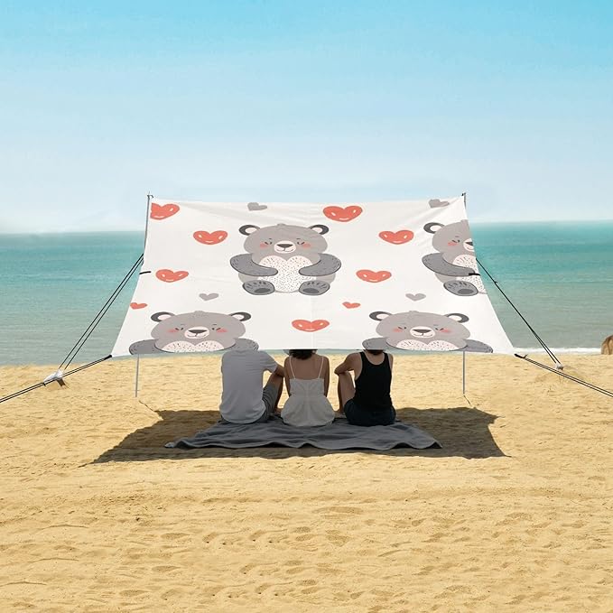 ALAZA Cute Bear with Heart Seamless Beach Tent Sun Shelter Portable Canopy Sunshade for Outdoor Camping Picnics Backyard Fun 10x9 ft