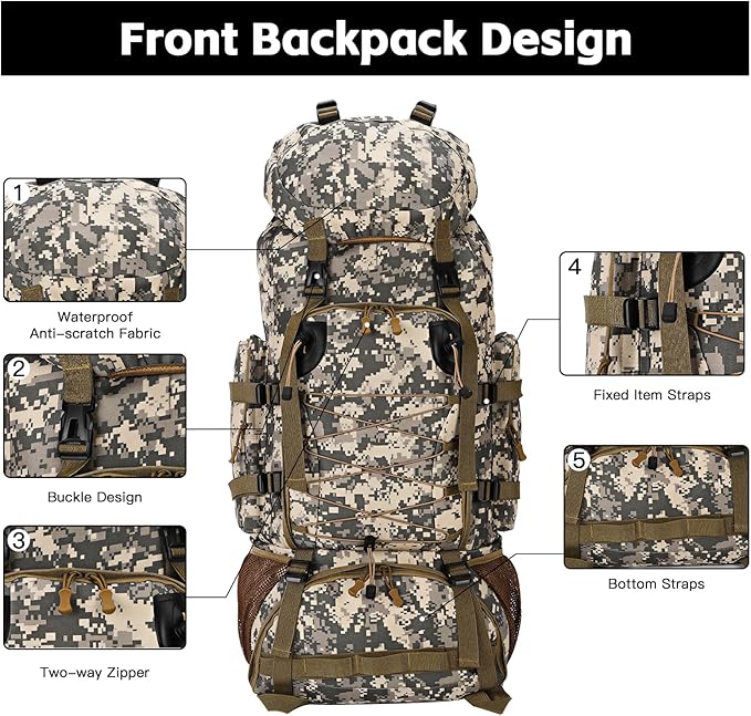 90L Camping Hiking BackpackMolle Military Tactical Rucksack BackpackWaterproof Lightweight Hiking Backpack (City Camo 90L)