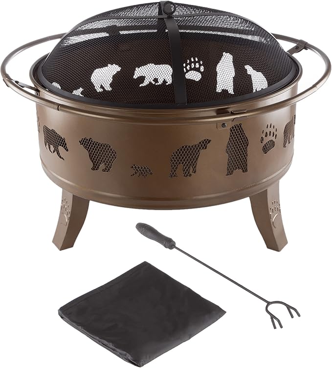 Pure Garden 50-LG1202 32” Outdoor Deep Fire Pit-Round Large Steel Bowl with Bear Cutouts Mesh Spark Screen Log Poker &amp Storage Cover-Patio Wood Burning Antique Gold