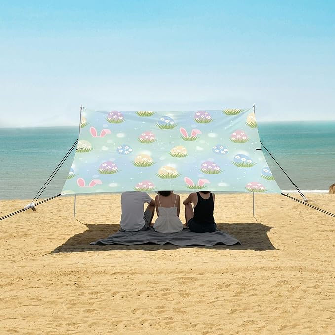 Easter Egg Beach Canopy Sun Shelter with Sandbags &amp Sand Shovel &amp Windproof Ropes - Portable 110x126 Beach Shade Beach Tent for Camping Picnics
