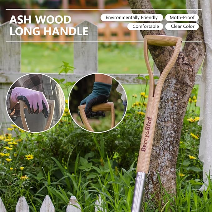 Berry&ampBird Round Point Gardening Shovel with Wood D-Handle 40.98 Stainless Steel Beach &amp Snow Shovel