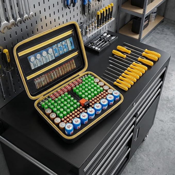 Boobowl Battery Organizer Case with Tester - Universal Storage Box for 162+ AA AAA C D 9V Batteries- Fire-Preventive Foam Design for Home Emergency &amp Garage Organization (Black)