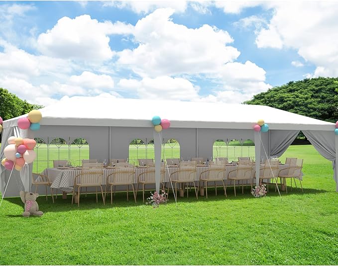 Greesum 10x30 Outdoor Canopy with with 6 Side Removable Walls Upgrade Patio Camping Heavy Duty Gazebo Shelter for Party Wedding BBQ Events Waterproof Tent White