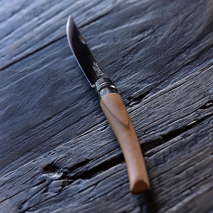 Opinel Effile Slimline Series Folding Fillet Knife – Slim Blade Folding Knife Virobloc Locking Collar Sustainably Harvested Wood Handles Updated Blade Profile (Olivewood/No.08)