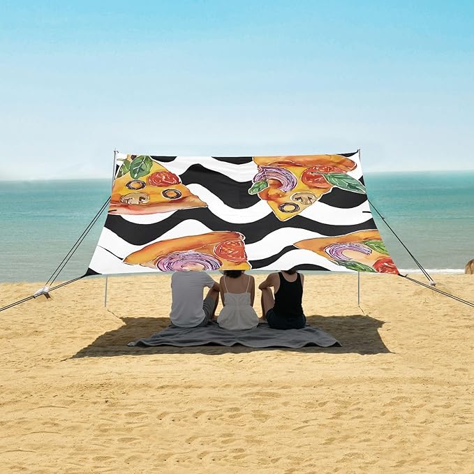 ALAZA Pizza with Black and White Background Pattern Beach Tent Sun Shelter Portable Canopy Sunshade for Outdoor Camping Picnics Backyard Fun 10x9 ft