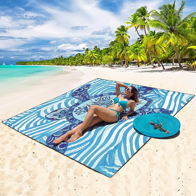 Beach Blanket Waterproof Sandproof Beach Mat 79 X 83/10'x9'for 2-8 Adults Quick Drying Outdoor Picnic Mat Beach Accessories for Travel Camping Hiking