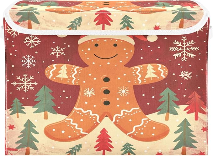 senya Christmas Baskets Collapsible Storage Bins with Lids Christmas Pattern Gingerbread Man Storage Boxes Clothes Baskets for Organizing