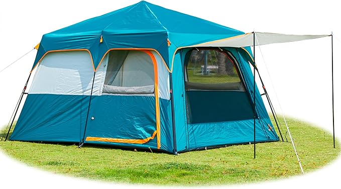 KTT Extra Large Tent 6-10-12-14 Person(A)Family Cabin Tents2 Rooms3 Doors and 3 Windows with MeshStraight WallWaterproofDouble LayerBig Tent for OutdoorPicnicCampingFamily Gathering