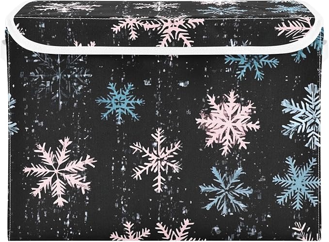 Snowflakes Pattern Storage Cube Bins Basket with Lid Collapsible Flip-top Fabric with Handle for Home Bedroom Closet Office 16.5×12.6×11.8 in