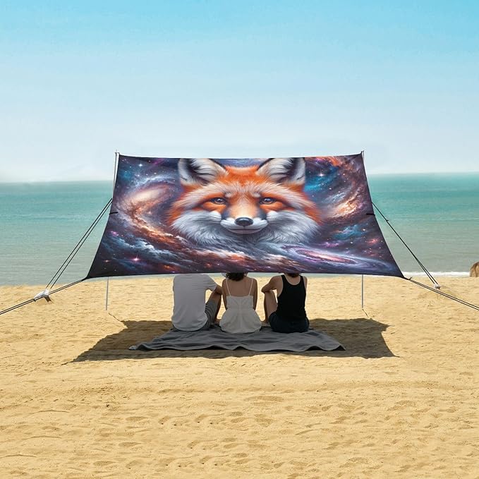 ALAZA Fox Galaxy Nebula Beach Tent Sun Shelter UPF50+ Protection Beach Shade Canopy w/ 4 Sandbags for Outdoor Camping Fishing Backyard Fun Picnic 10x9 ft