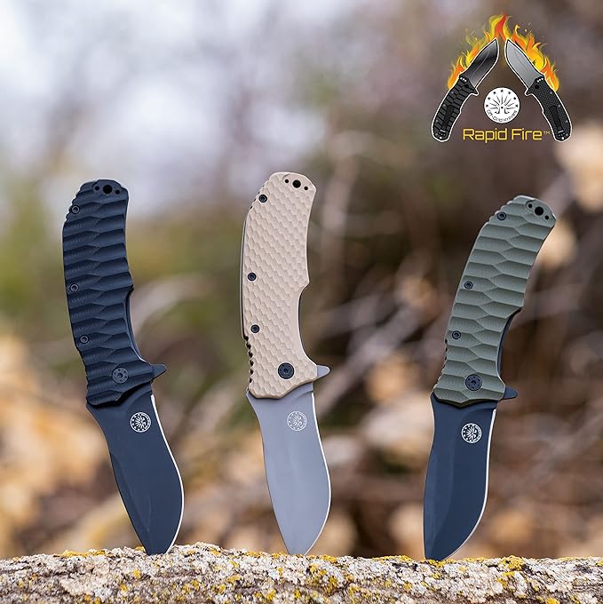 Off-Grid Knives - Rapid Fire Coyote Large Assisted EDC Hard Use Construction Camping and Survival Cryogenic D2 Blade Steel Titanium Nitride Coating with G10 Scales Deep Pocket Carry