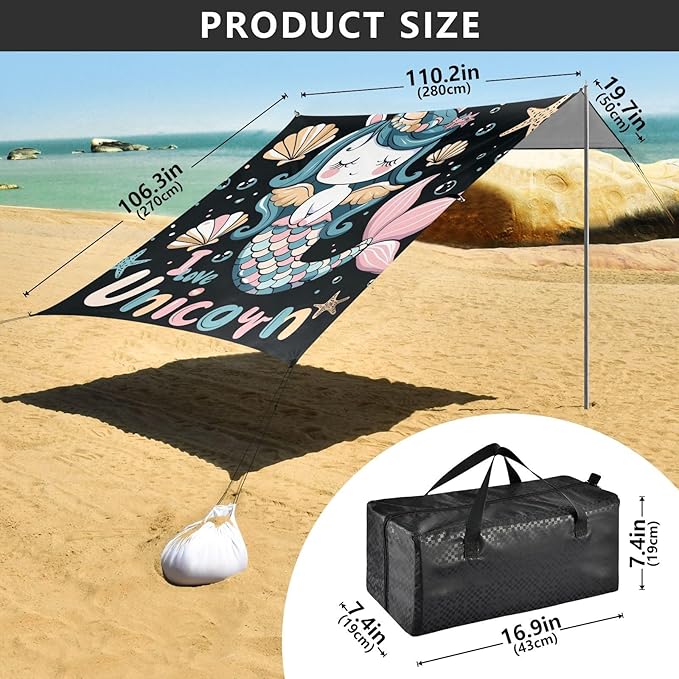 ALAZA Cute Unicorn Mermaid Beach Tent Sun Shelter Portable Canopy Sunshade for Outdoor Camping Picnics Backyard Fun 10x9 ft