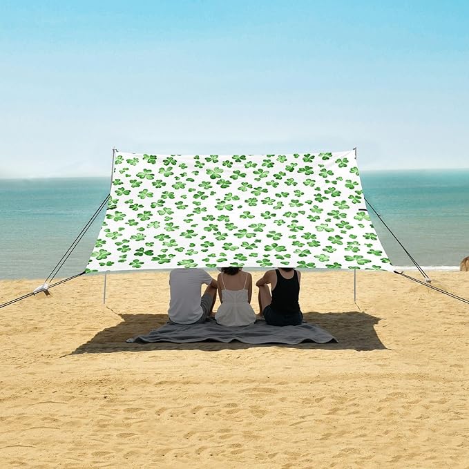 St Patrick's Day Clovers Beach Tent Sun Shelter Set UPF50+ UV Protection 10.5 x 9.19 FT Camping Shade Canopy with Sandbags Sand Anchors Carrying Bag and Others