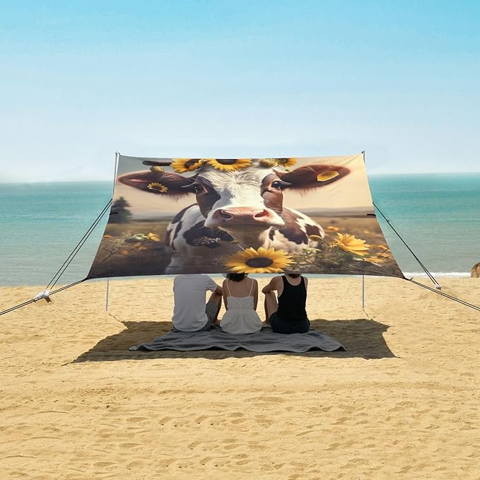 ALAZA Cow in Sunflower Field Beach Tent Sun Shelter Portable Canopy Sunshade for Outdoor Camping Picnics Backyard Fun 10x9 ft