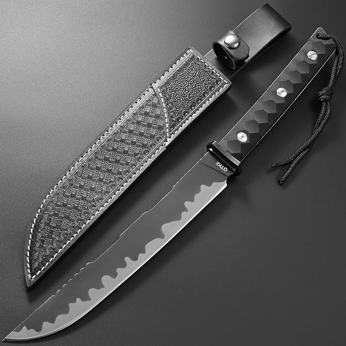 Gtkii GTK38 Fixed Blade Knife DC53 Steel Blade Full Tang Nylon Fiberglass Handle Samurai Style Fix Knifes for Outdoor Camping Hunting Collection with Leather Sheath(Black)