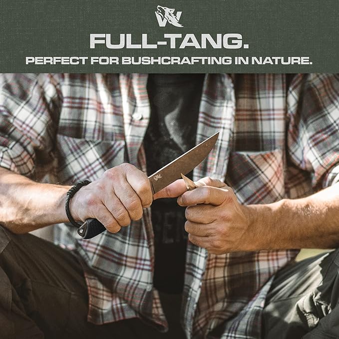 ODENWOLF W-FLAT Full Tang Survival Knife with Sheath - Stylish Tactical Fixed Blade - Made of D2 Steel - Bushcraft and Camping Knife Survival - Perfect EDC Hunting Knife with TPE Handle
