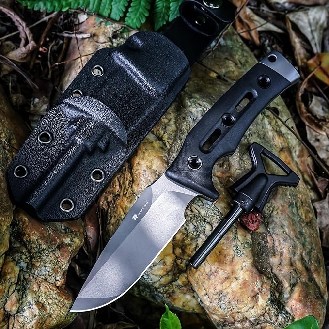 HX OUTDOORS Fixed Blade Knife with Fire Starter Premium DC53 Steel Full Tang Tactical Knives for Men Bushcraft Survival Camping Knife with Kydex Sheath for EDC Outdoor (Gray)
