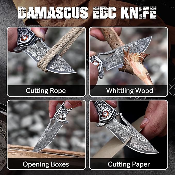 Damascus Pocket Knife with Wooden Handle Sharp 3.54 Damascus Steel Blade Folding Knives for EDC Camping Hiking Outdoor Collection