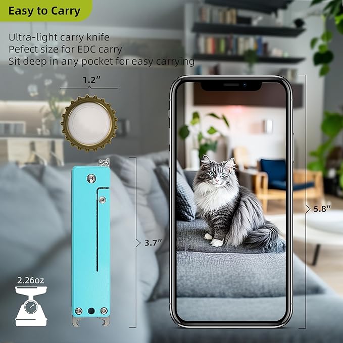 ALBATROSS Blue Damascus Cute Cat Pattern Pocket Knife - Stocking Stuffer for Men 3.5 Titanium Alloy Box Cutter - EDC Keychain Gadgets with Bottle Opener Mothers Day Fathers Day Gift for Cat Lovers