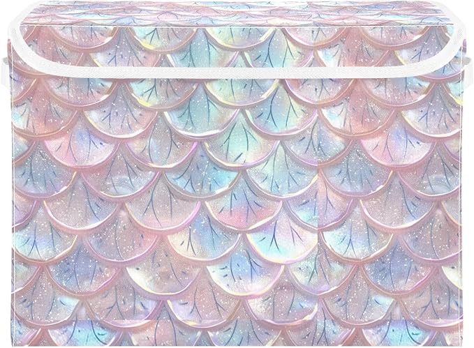 senya Baskets Collapsible Storage Bins with Lids Pastel Sheer Mermaid Scales Storage Boxes Clothes Baskets for Organizing B06D22020